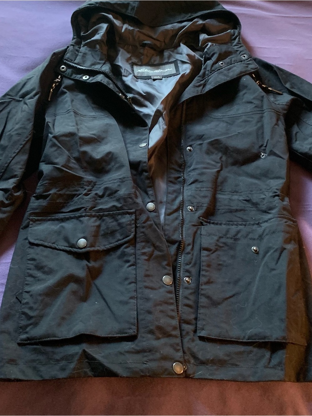 Eddie Bauer Women’s Black Hooded Raincoat / Utility Field Jacket Size S